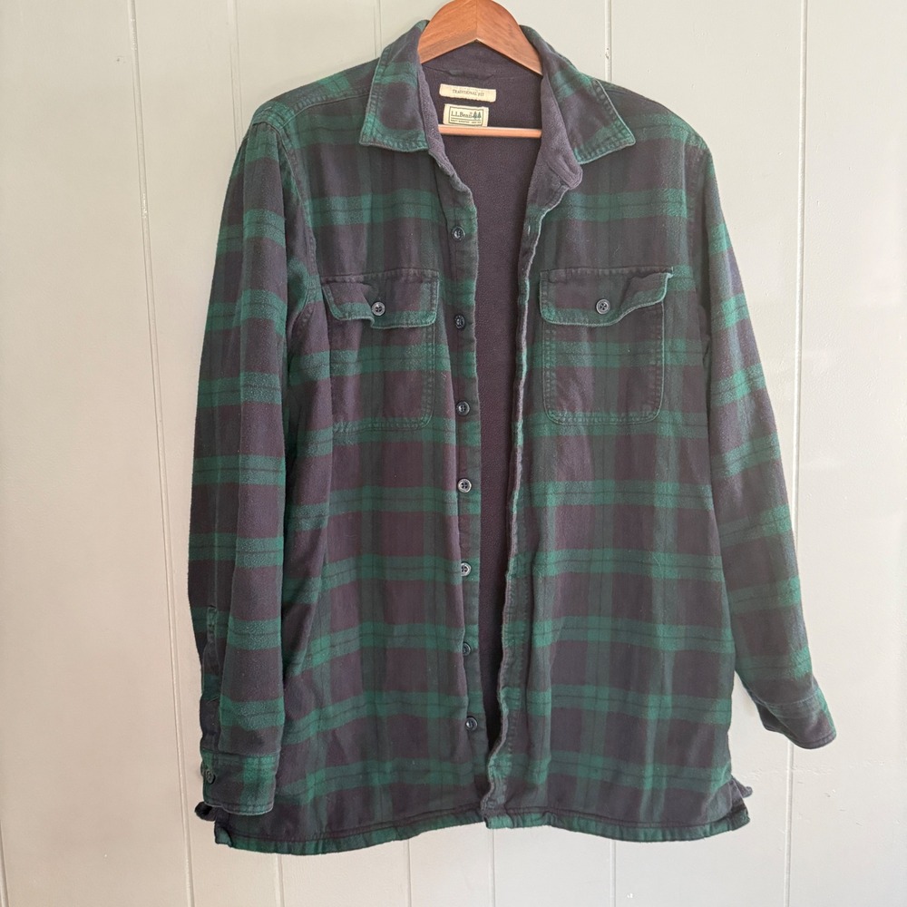 LL Bean Mens XL-Tall Fleece Lined Flannel Shirt XLT Green Blue Plaid 298190